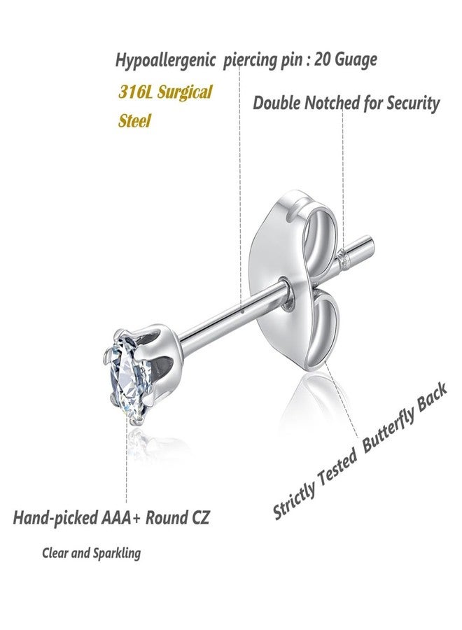 FOSIR 10 Pairs 2mm Tiny Women's Surgical Stainless Steel Clear Cubic Zirconia Stud Earrings, Hypoallergenic 316L Earrings Pack - Image 2